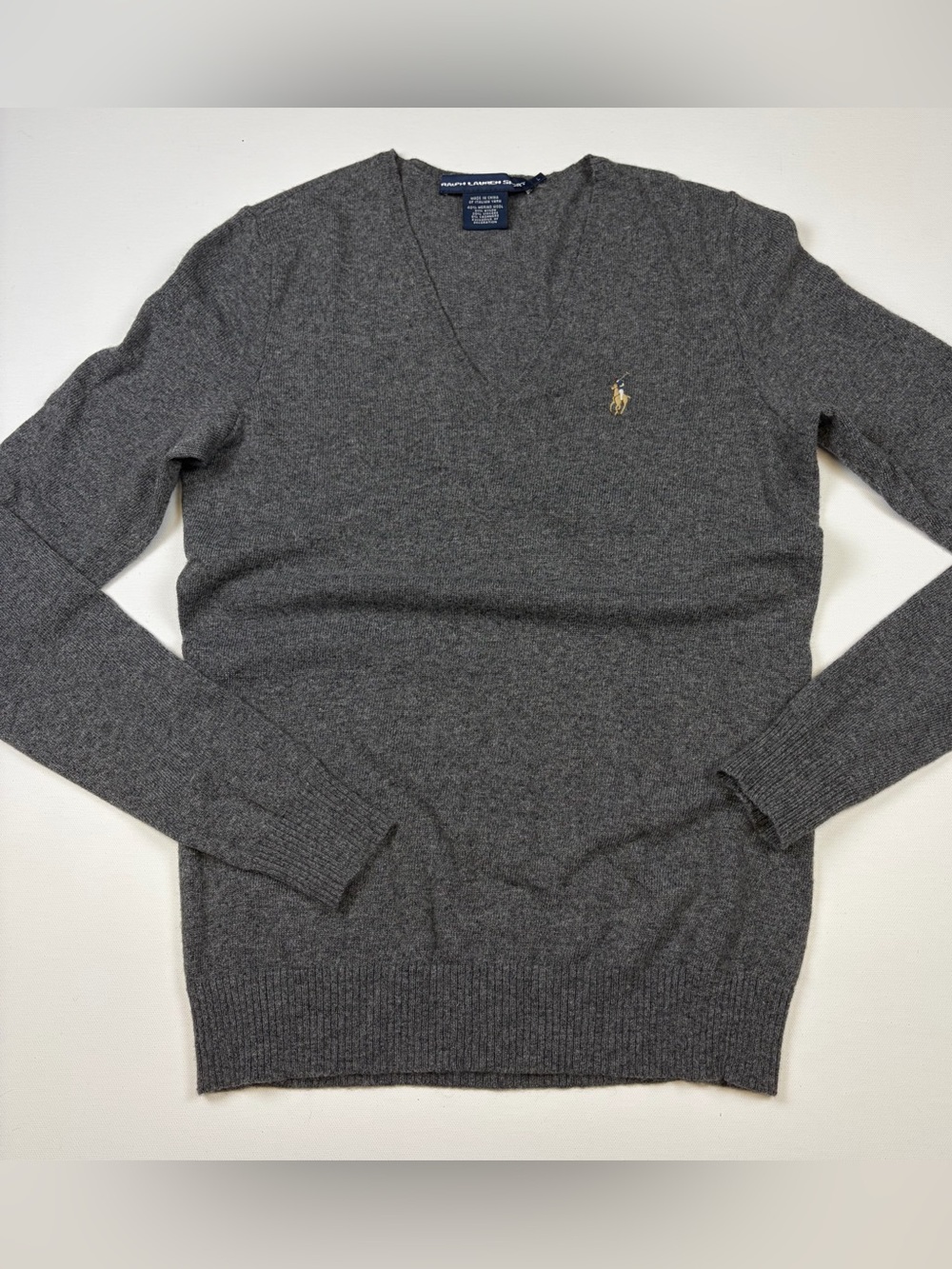 RALPH LAUREN SPORT GRAY MERINO CASHMERE BKEND V-NECK WOMENS SWEATER SIZE LARGE